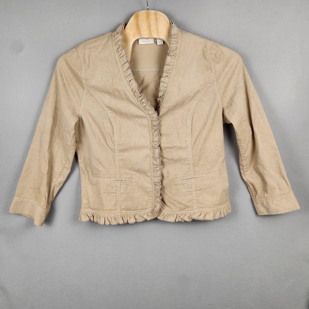 Chico's Jacket‎ Womens 3 XL Beige Ruffle Trim Textured Open Front Blazer Lined